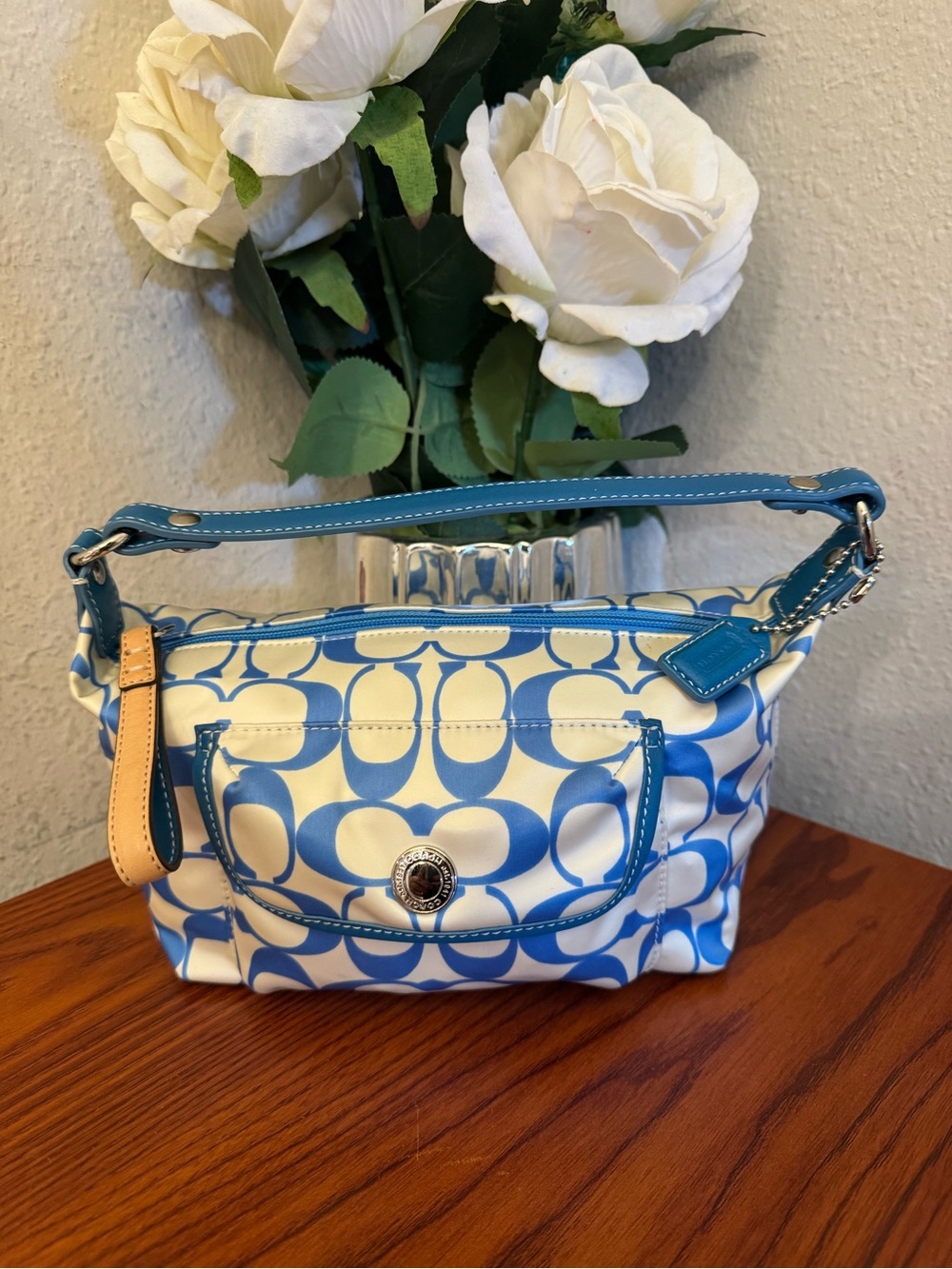 Vintage Coach Blue and White Signature Small Shoulder Bag